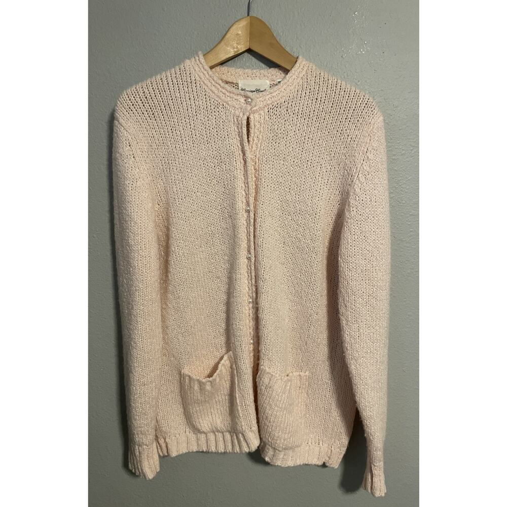 Carriage Court Womens Cardigan Size Large Pink Knit Pearl Button Up Grannycore